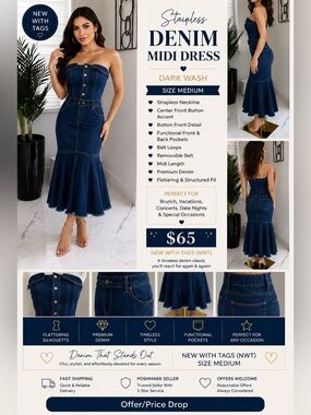 Dark Wash Strapless Denim Midi Skirt Dress